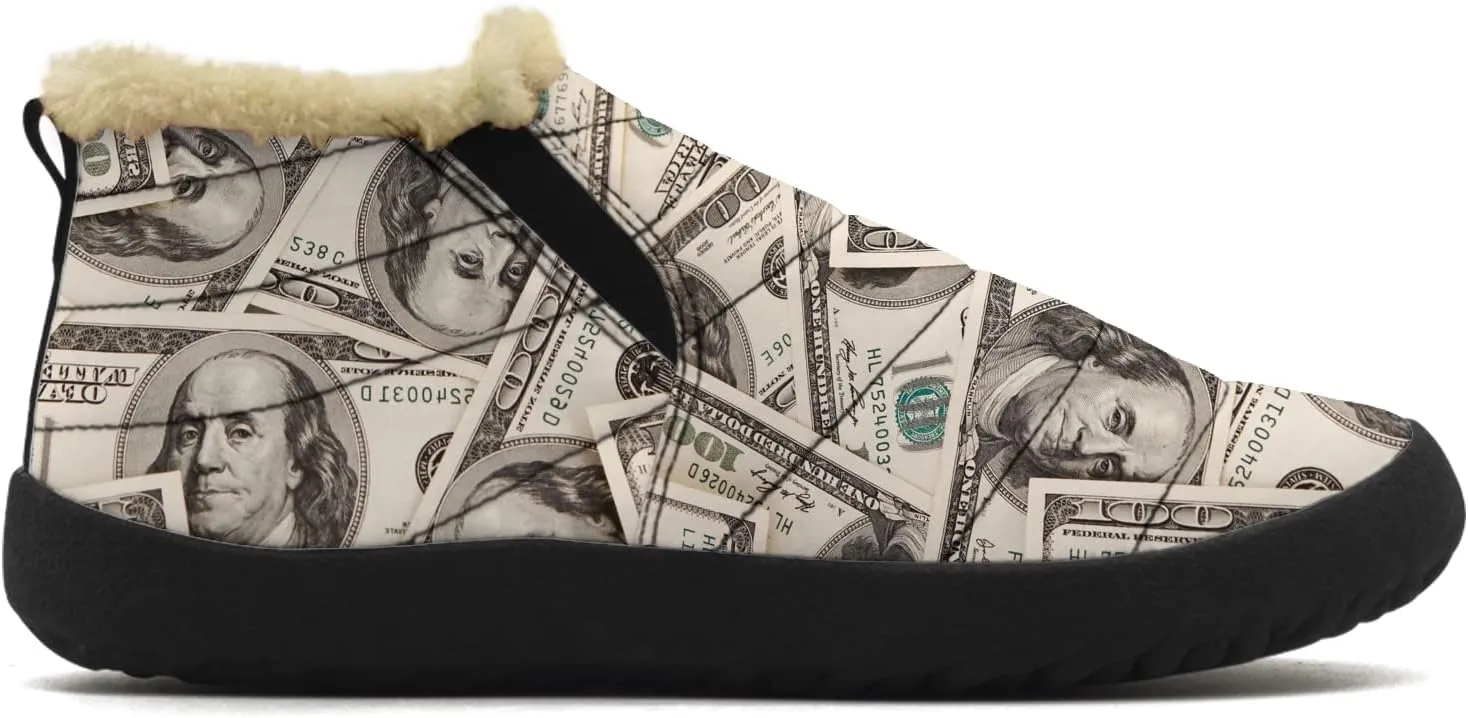 100 Dollar Bills Money Shoes for Women Men Snow Boots Winter Low Top Fashion Sneakers Slip on Ankle Booties Valentines Day Gifts