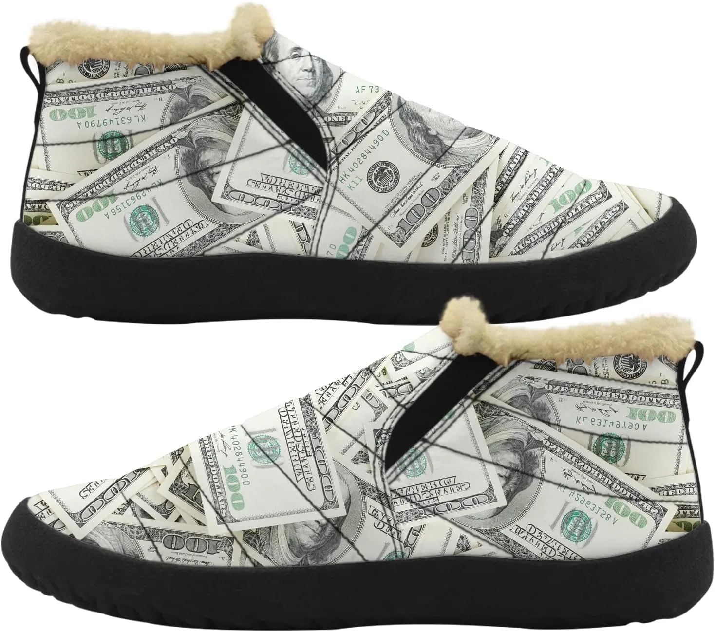 100 Dollar Bills Money Shoes for Women Men Snow Boots Winter Low Top Fashion Sneakers Slip on Ankle Booties Valentines Day Gifts