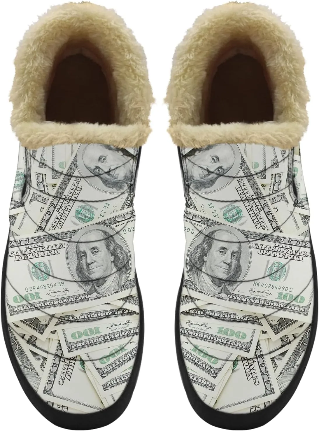 100 Dollar Bills Money Shoes for Women Men Snow Boots Winter Low Top Fashion Sneakers Slip on Ankle Booties Valentines Day Gifts