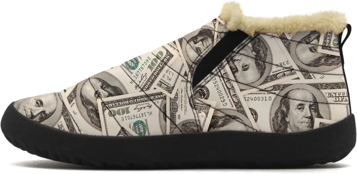 100 Dollar Bills Money Shoes for Women Men Snow Boots Winter Low Top Fashion Sneakers Slip on Ankle Booties Valentines Day Gifts
