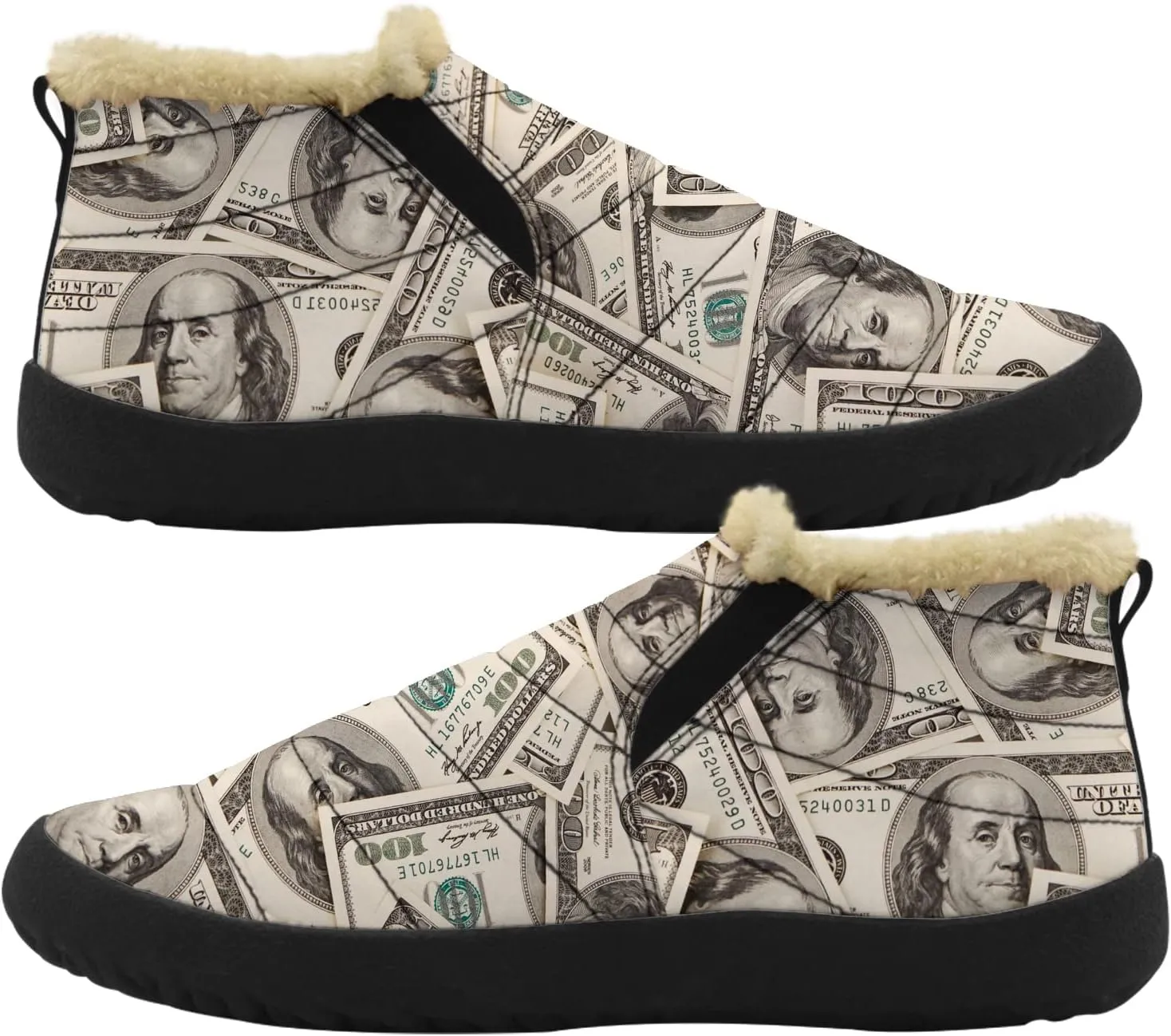 100 Dollar Bills Money Shoes for Women Men Snow Boots Winter Low Top Fashion Sneakers Slip on Ankle Booties Valentines Day Gifts