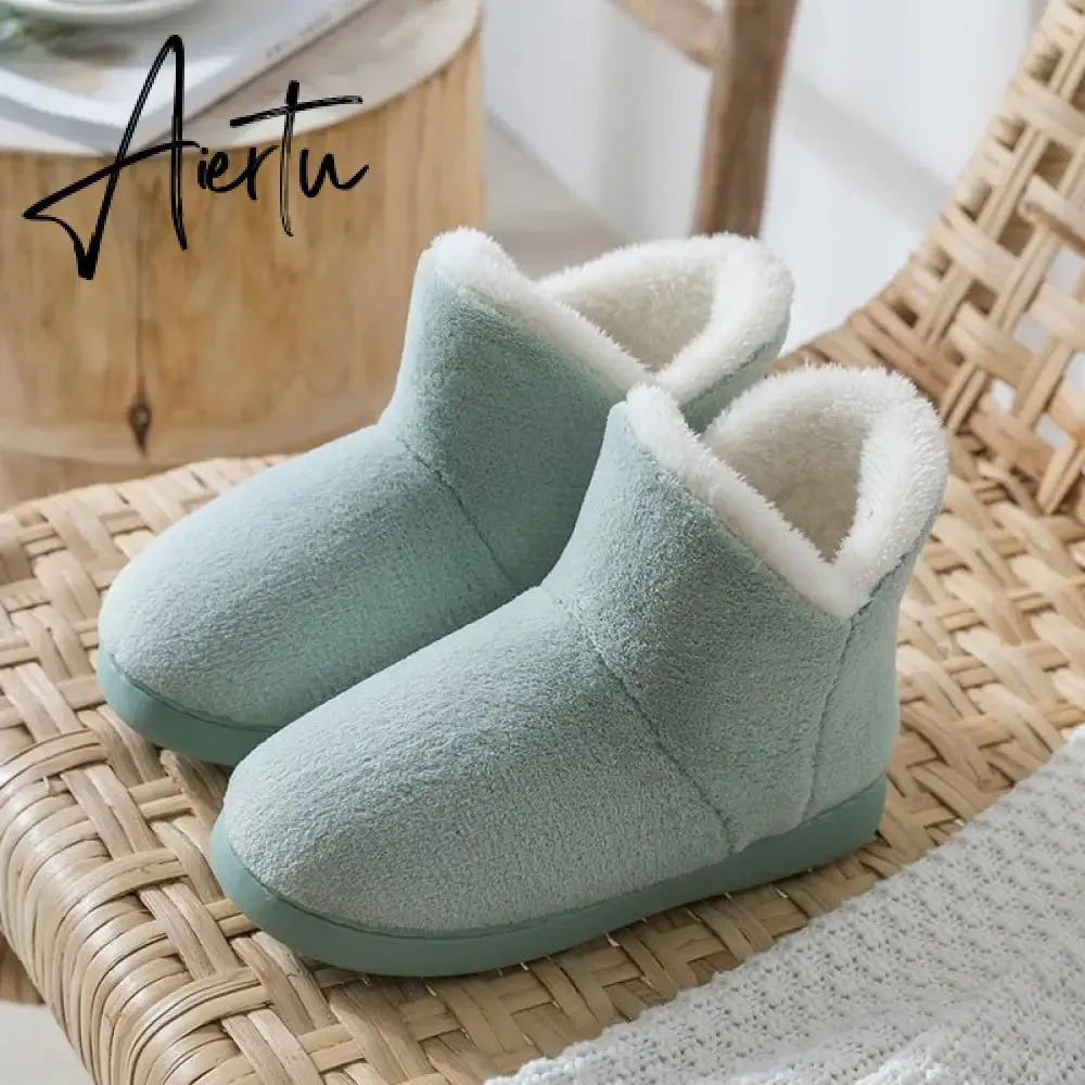 Aiertu Women Winter Slippers Warm Plush Slip-on Couples Home Floor Shoes Anti-slip Comfortable Flats Female Warm Faux Fur Slippers