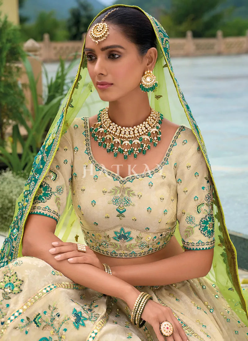 Beige And Lime Green Traditional Embroidery Bridal Lehenga Choli