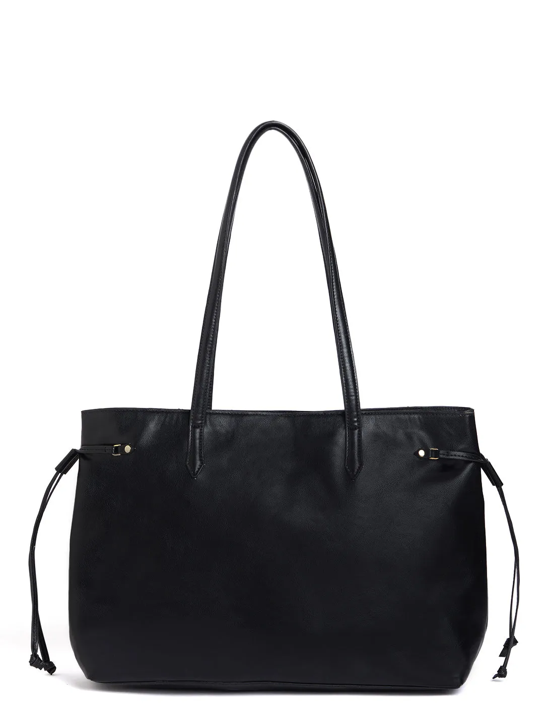 Berrylush Women Solid Black PU Detachable Sling Strap Embellished Oversized Tote Bag