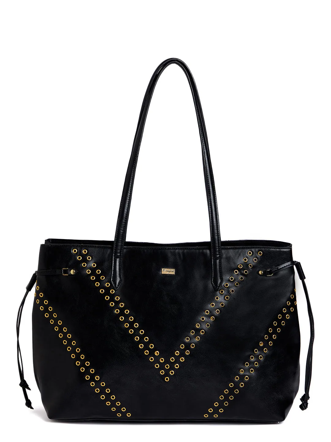 Berrylush Women Solid Black PU Detachable Sling Strap Embellished Oversized Tote Bag