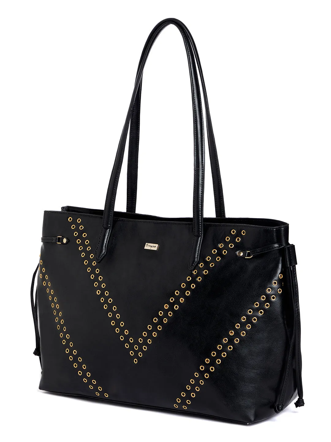 Berrylush Women Solid Black PU Detachable Sling Strap Embellished Oversized Tote Bag