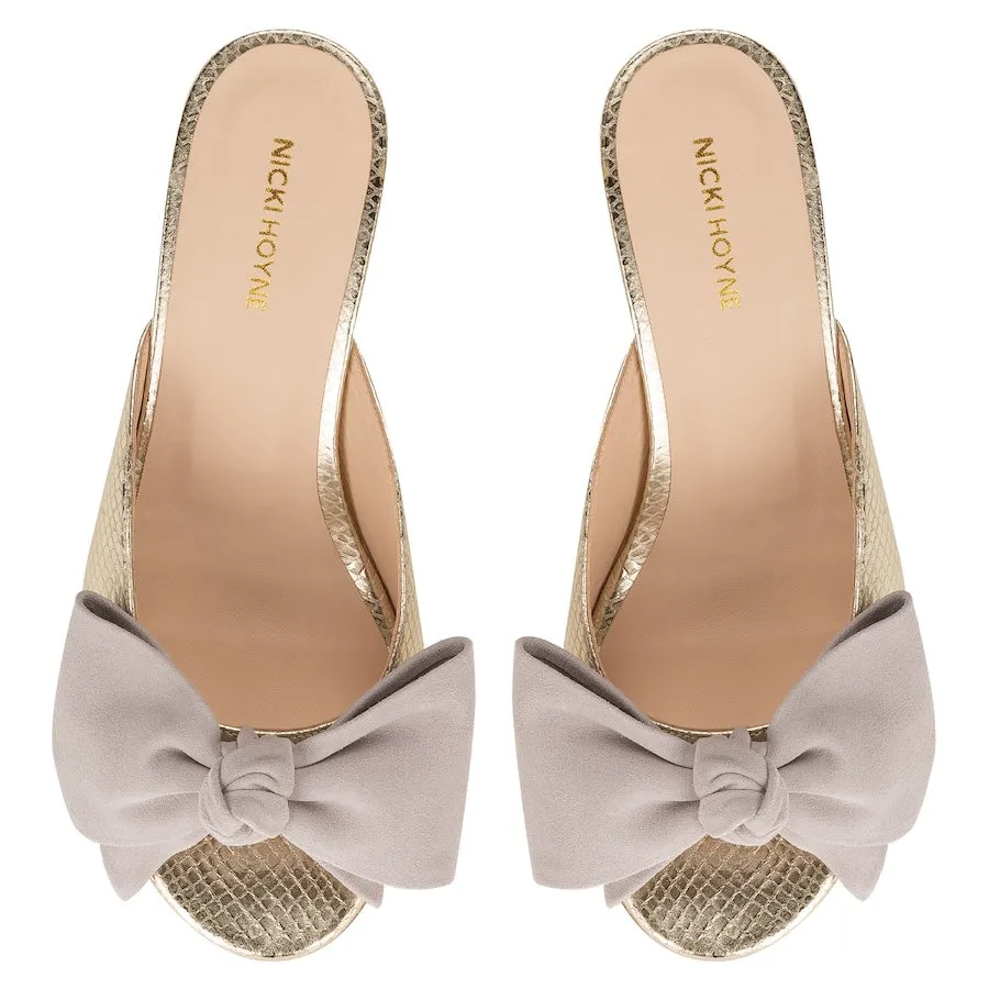 Bow Peep Toe Kitten Heel - Gold/Grey