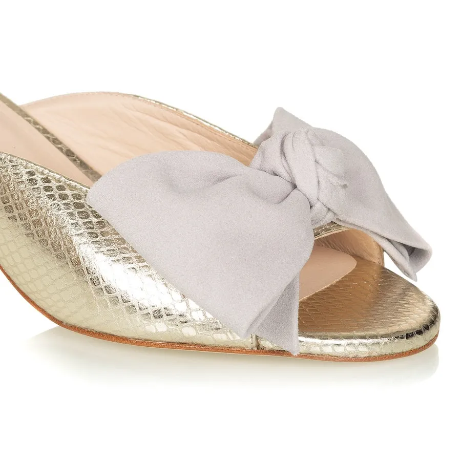 Bow Peep Toe Kitten Heel - Gold/Grey