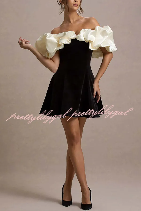 Brynne Satin Cloud Shape Puff Sleeve Velvet Stretch Mini Dress