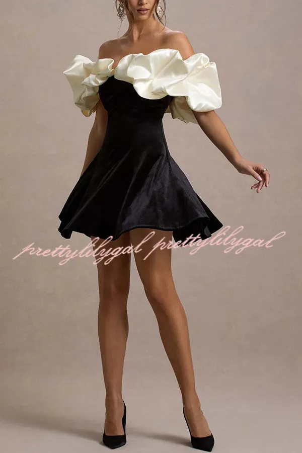 Brynne Satin Cloud Shape Puff Sleeve Velvet Stretch Mini Dress