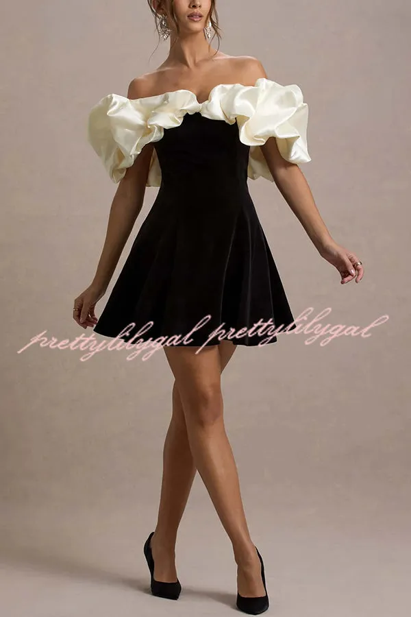 Brynne Satin Cloud Shape Puff Sleeve Velvet Stretch Mini Dress