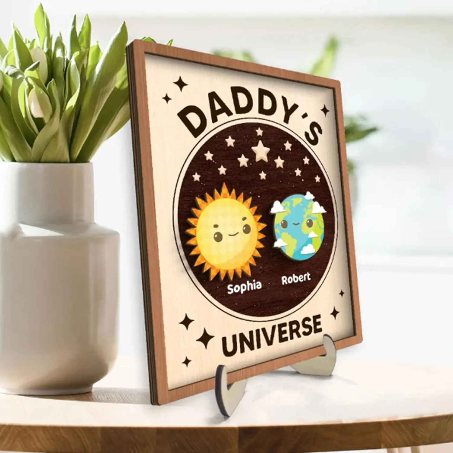 Daddy's Universe Wooden Sign 2 Layer, Personalized Wood Signs with Kids Name, Father's Day Sign, Gift for Dad, Papa, Husband, Grandpa, Father's Day Gift, Birthday, Christmas