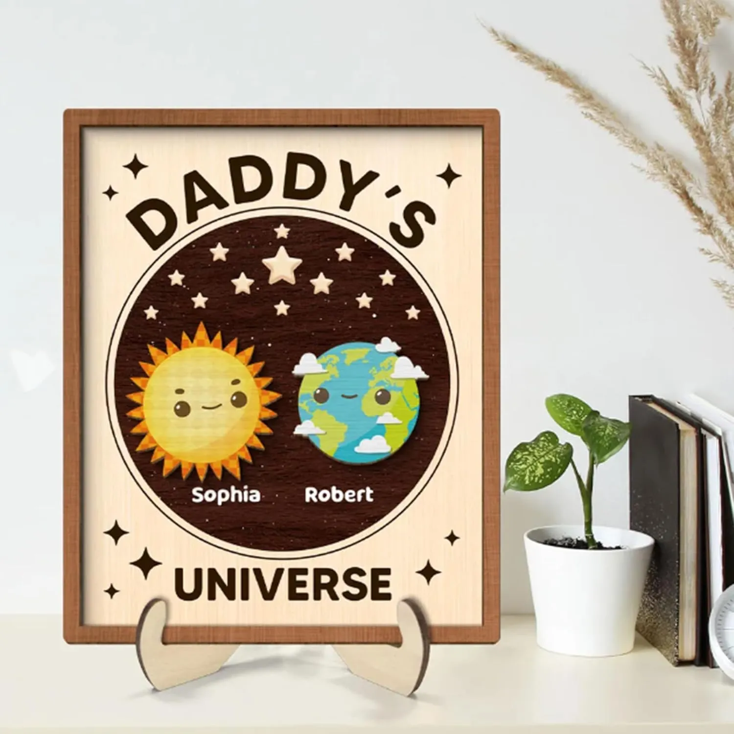 Daddy's Universe Wooden Sign 2 Layer, Personalized Wood Signs with Kids Name, Father's Day Sign, Gift for Dad, Papa, Husband, Grandpa, Father's Day Gift, Birthday, Christmas