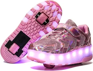 EEUK 7 Colors Led Rechargeable Kids Roller Skate Shoes with Wheel Shoes Sport Sneaker Light Up USB Charge Roller Skate Flashing Sneakers for Girls Boys Gift, Pink