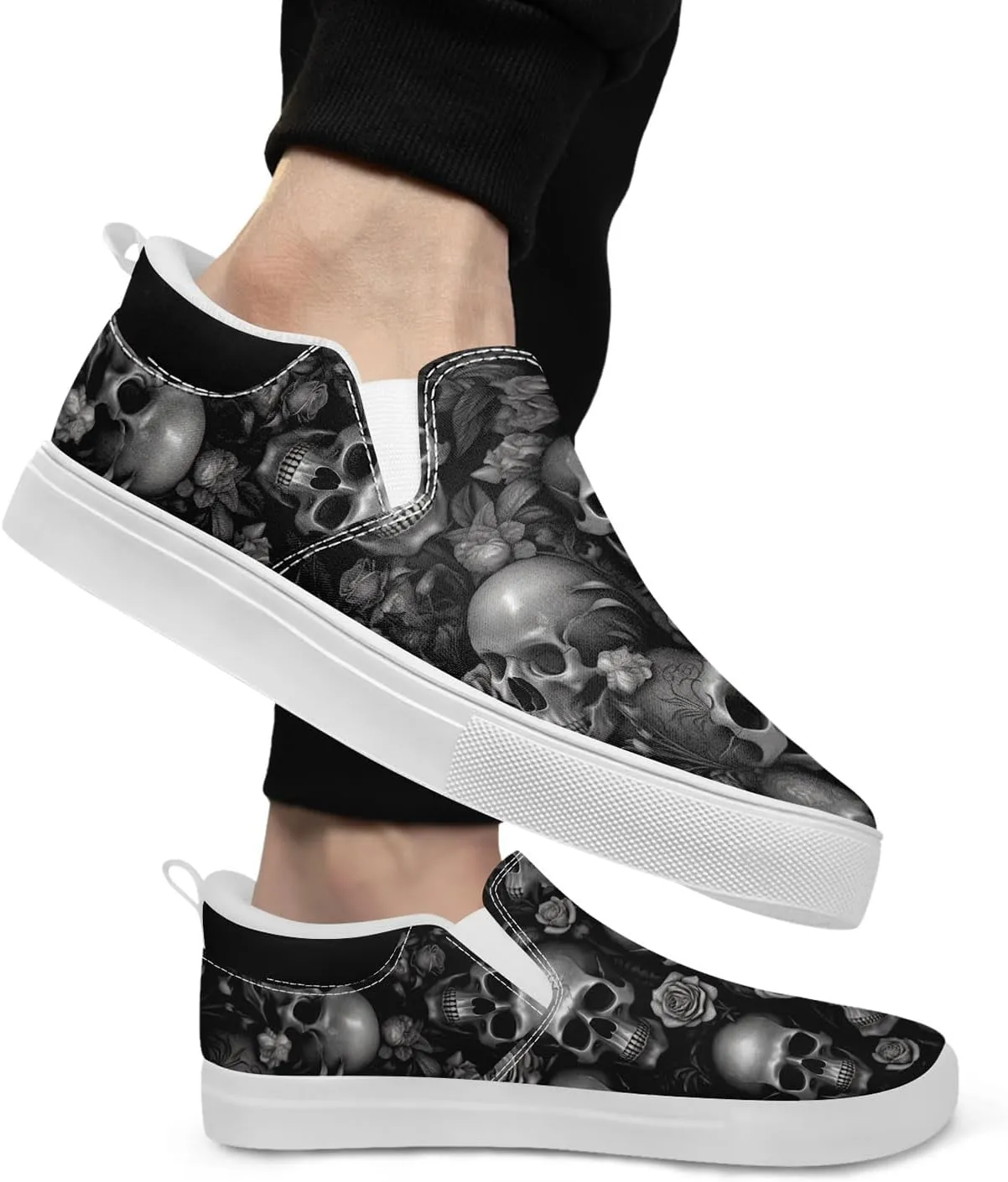 Gothic Low-Top Canvas Shoes for MenWomen Skull Floral Slip-On Sneakers Lightweight Comfort Streetwear Footwear