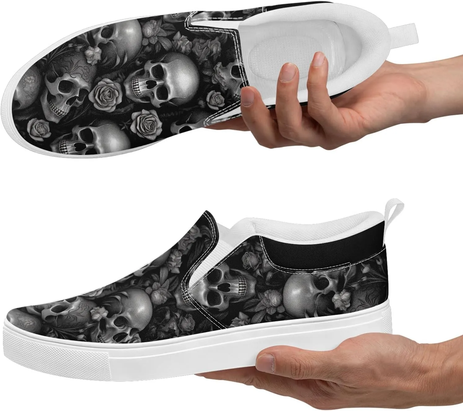 Gothic Low-Top Canvas Shoes for MenWomen Skull Floral Slip-On Sneakers Lightweight Comfort Streetwear Footwear