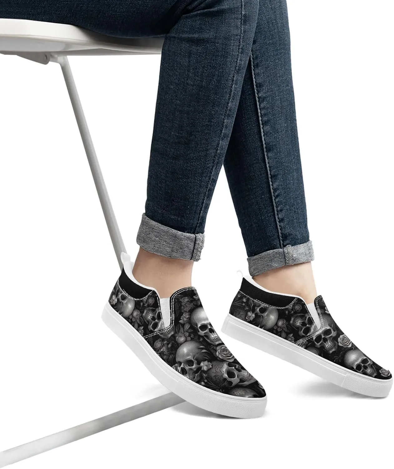 Gothic Low-Top Canvas Shoes for MenWomen Skull Floral Slip-On Sneakers Lightweight Comfort Streetwear Footwear