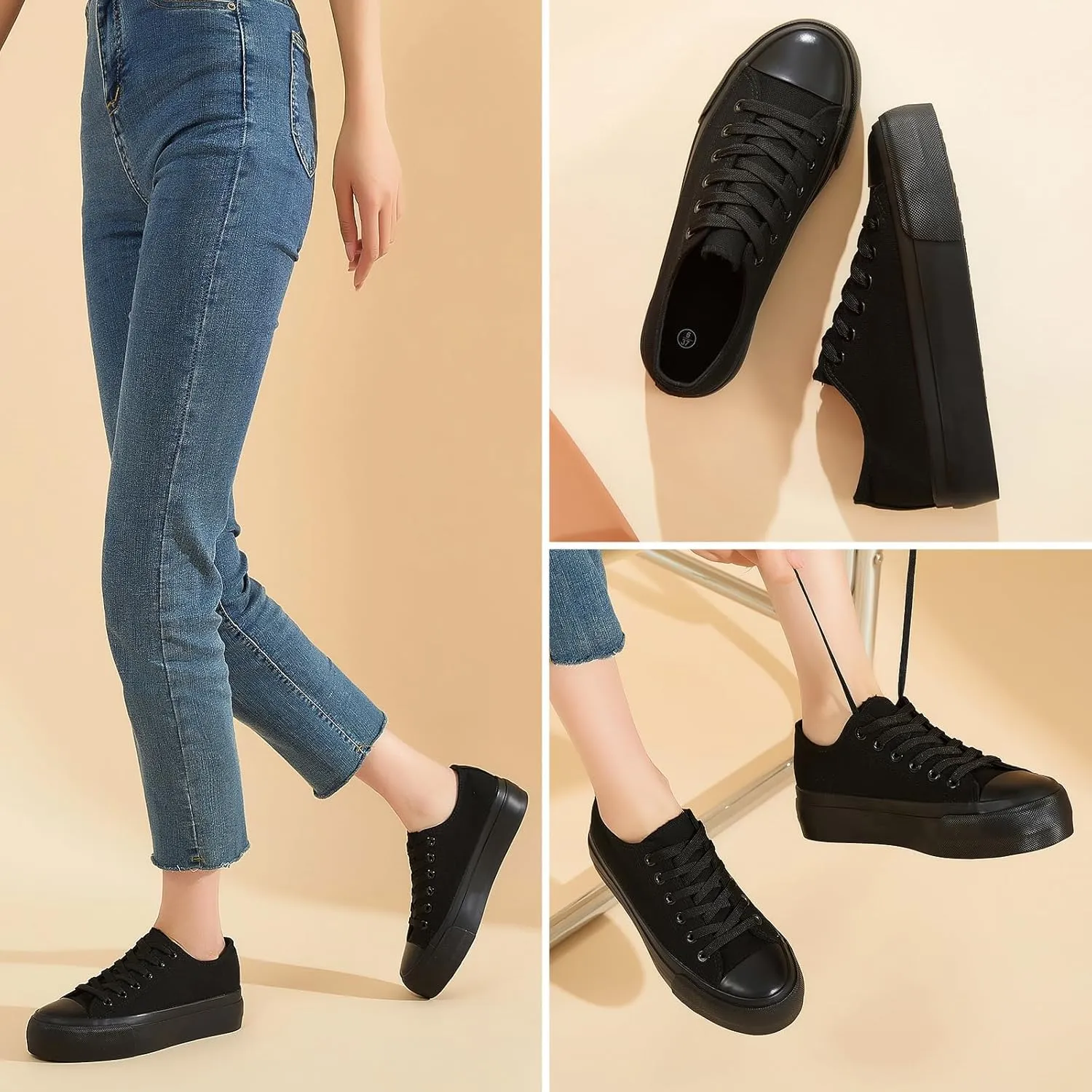 hash bubbie Platform Sneakers for Women White Platform Shoes Low Top Tennis Shoes Non Slip Black Fashion Canvas Sneakers