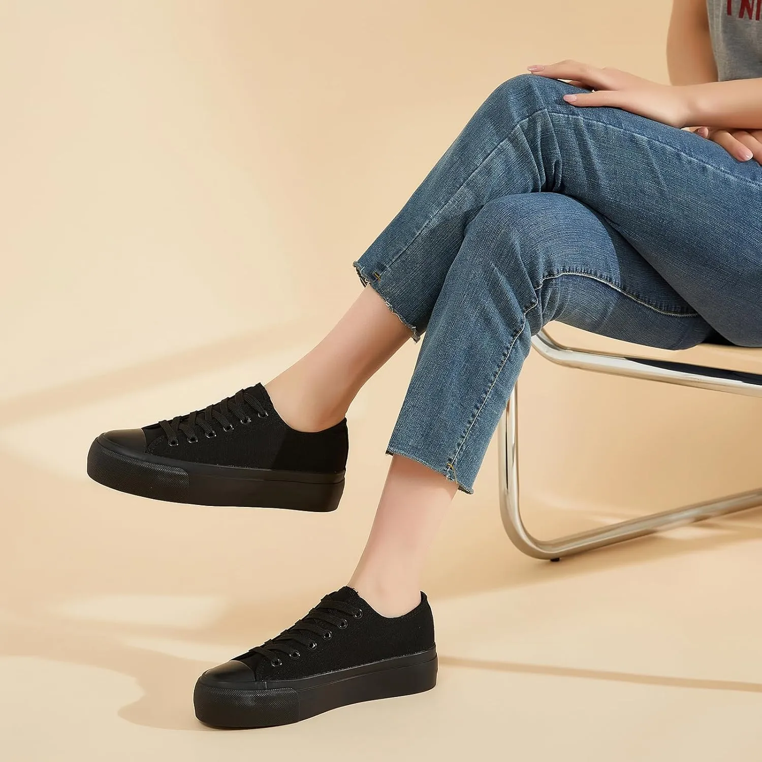 hash bubbie Platform Sneakers for Women White Platform Shoes Low Top Tennis Shoes Non Slip Black Fashion Canvas Sneakers