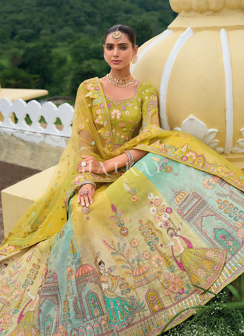 Lime Green And Blue Traditional Embroidery Bridal Lehenga Choli