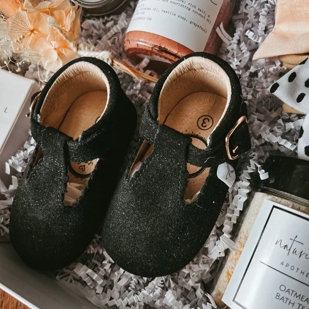 Little Love Bug Black Suede T Bar