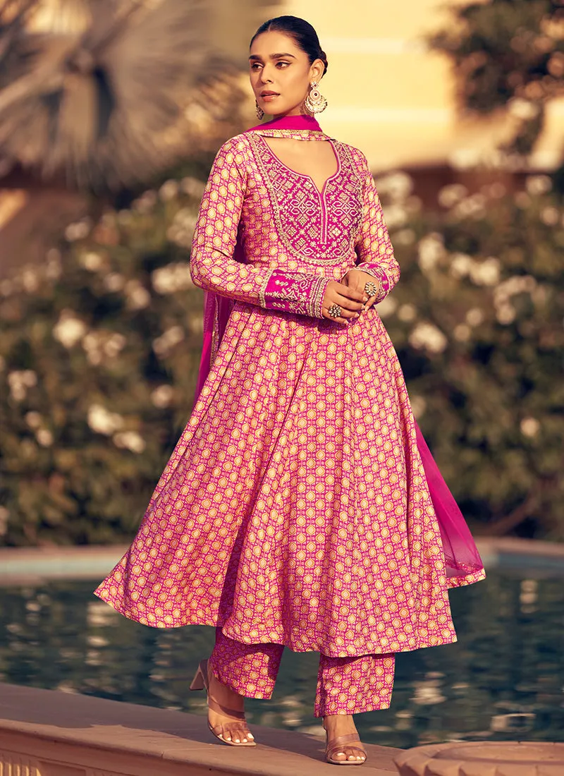 Magenta Pink Embroidered Anarkali Pant Style Suit