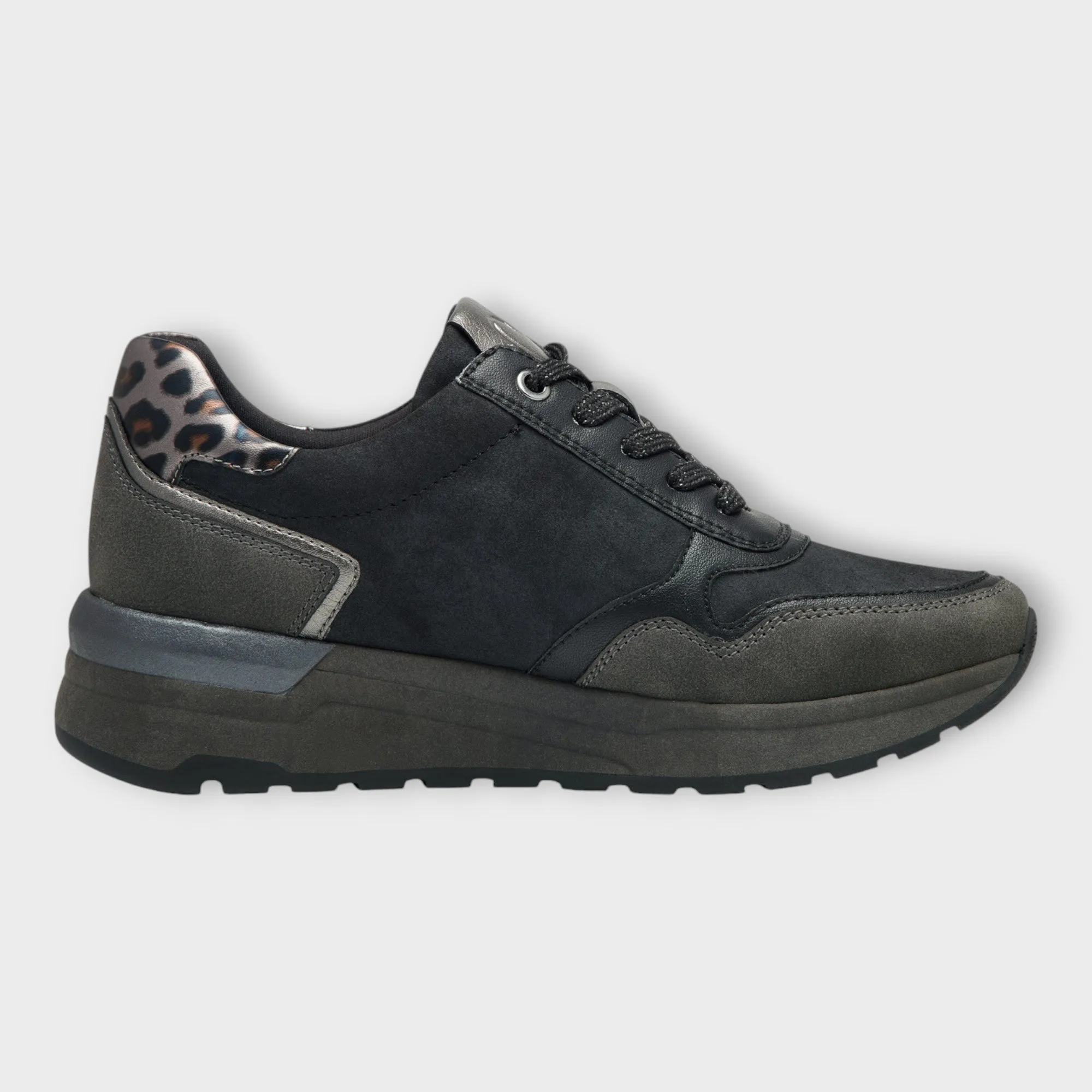 Marco Tozzi Black Trainers with Wedge Sole and Gold Detail