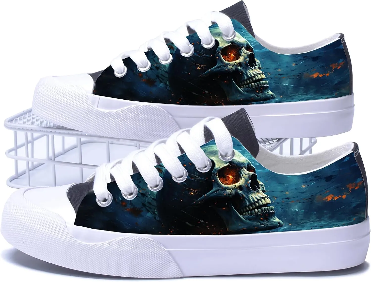 Men Skull Printed Shoes Custom Personalized Design Cool Print Low Top Fashion Sneakers for Teen Boys Girls Student Women Canvas Shoes Cosplay Classic Casual Shoes