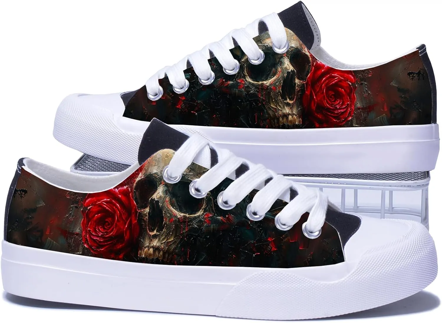 Men Skull Printed Shoes Custom Personalized Design Cool Print Low Top Fashion Sneakers for Teen Boys Girls Student Women Canvas Shoes Cosplay Classic Casual Shoes