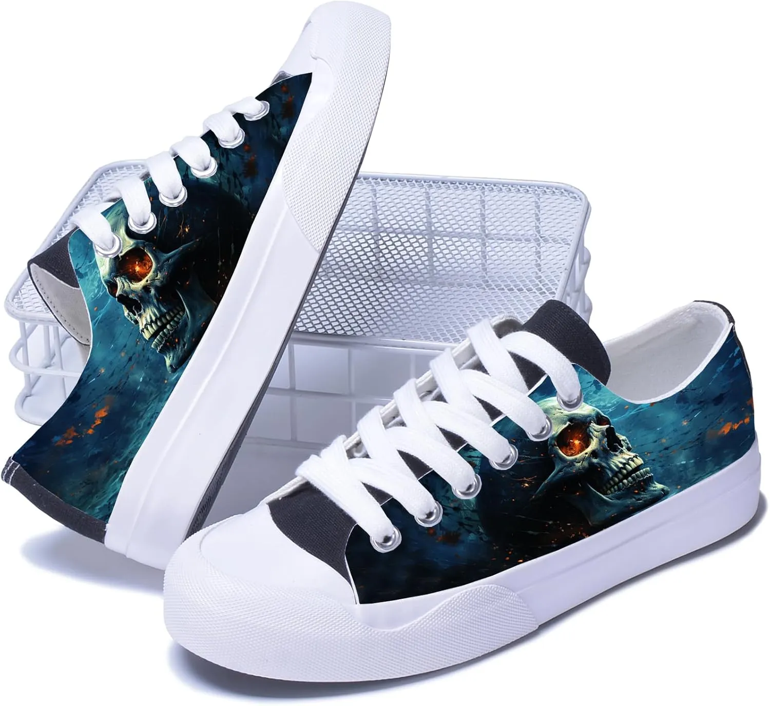 Men Skull Printed Shoes Custom Personalized Design Cool Print Low Top Fashion Sneakers for Teen Boys Girls Student Women Canvas Shoes Cosplay Classic Casual Shoes