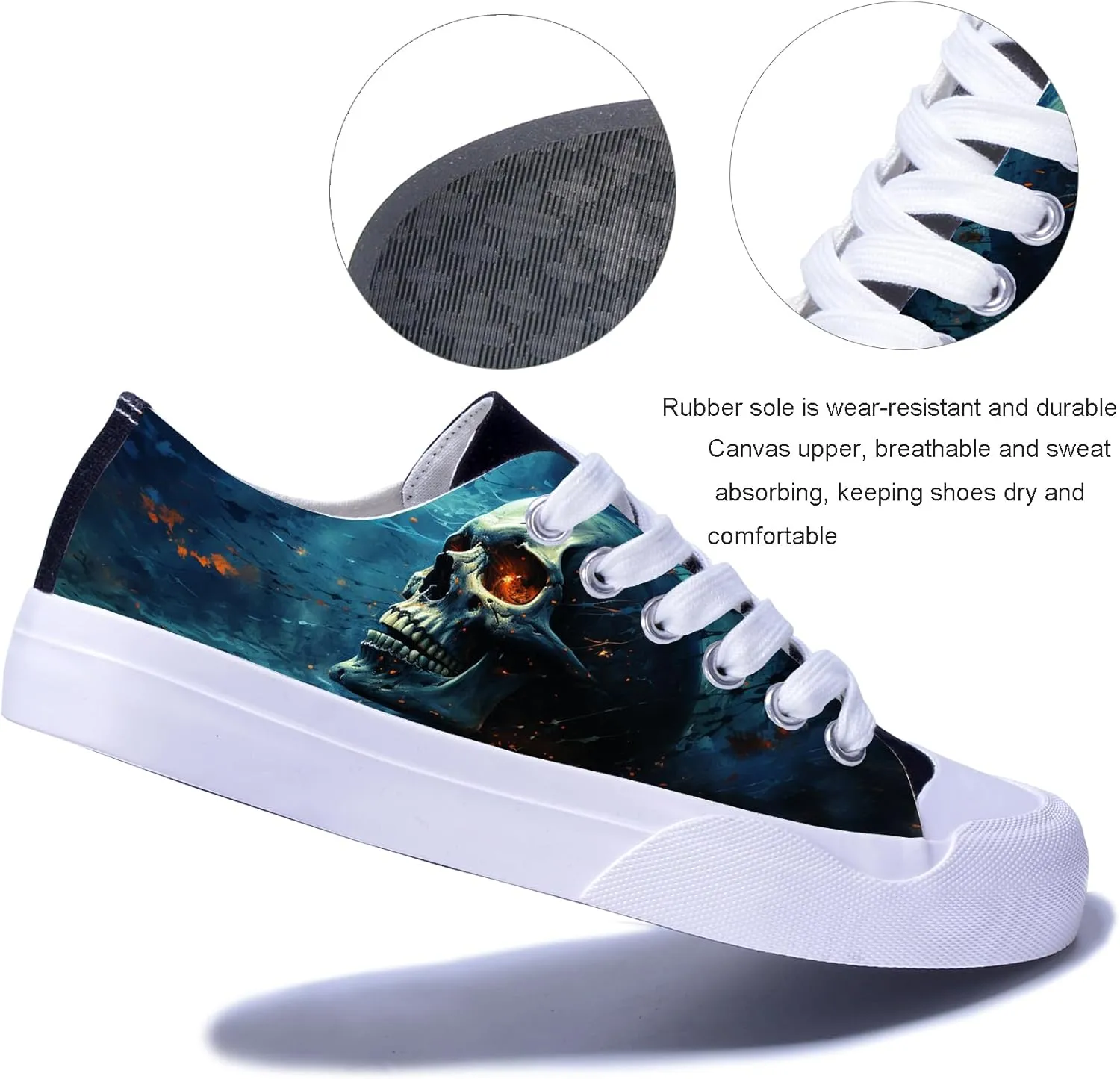 Men Skull Printed Shoes Custom Personalized Design Cool Print Low Top Fashion Sneakers for Teen Boys Girls Student Women Canvas Shoes Cosplay Classic Casual Shoes
