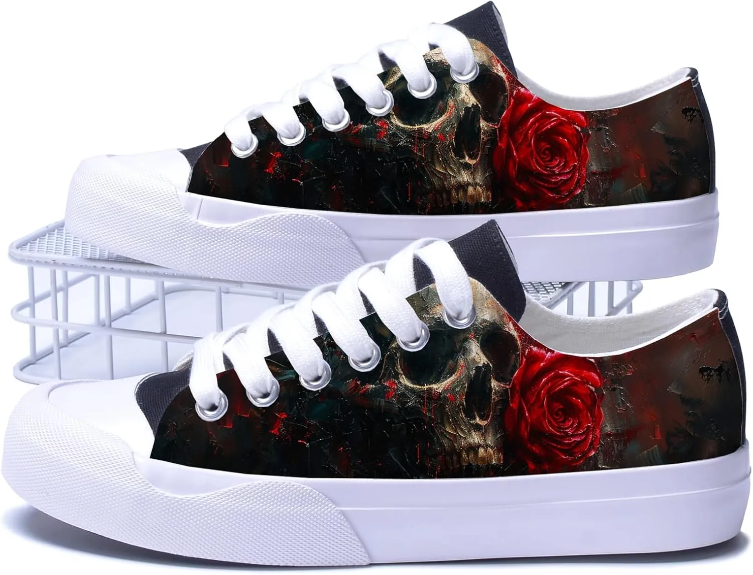 Men Skull Printed Shoes Custom Personalized Design Cool Print Low Top Fashion Sneakers for Teen Boys Girls Student Women Canvas Shoes Cosplay Classic Casual Shoes