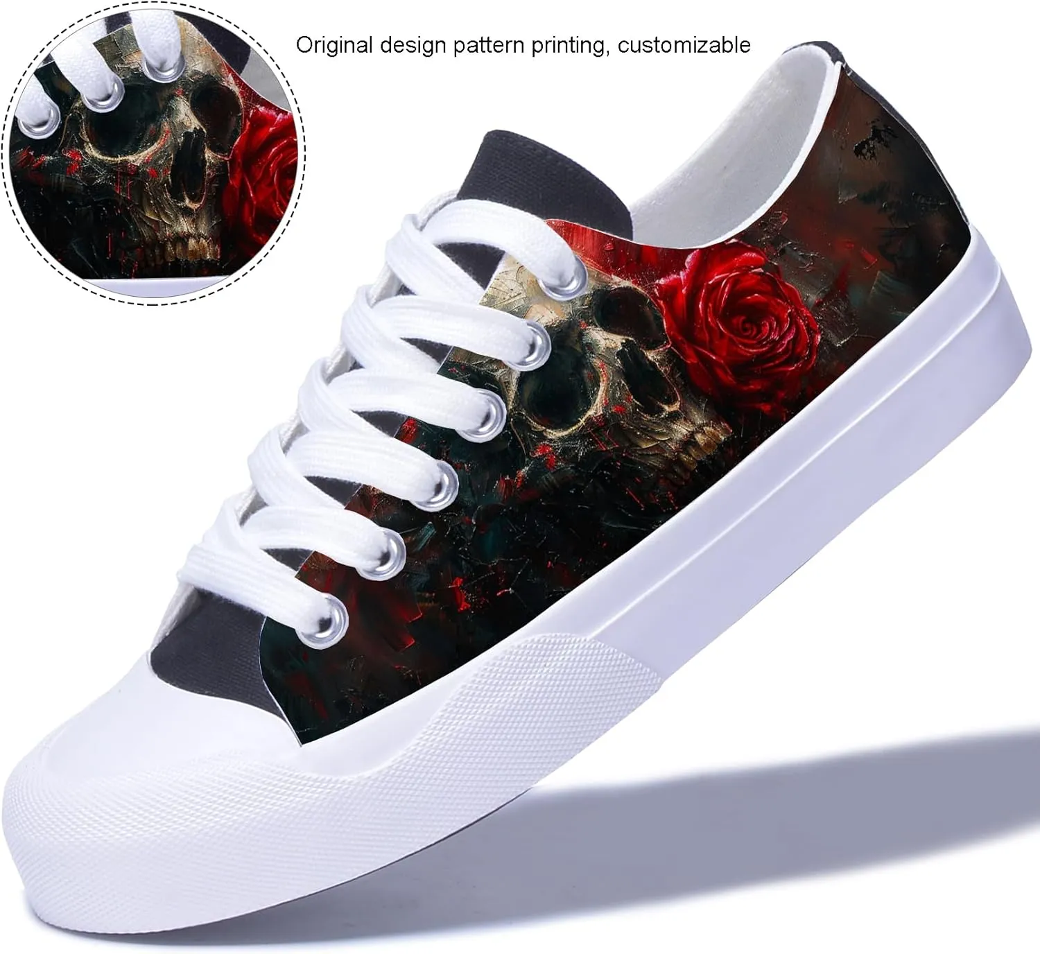 Men Skull Printed Shoes Custom Personalized Design Cool Print Low Top Fashion Sneakers for Teen Boys Girls Student Women Canvas Shoes Cosplay Classic Casual Shoes