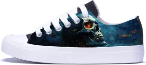Men Skull Printed Shoes Custom Personalized Design Cool Print Low Top Fashion Sneakers for Teen Boys Girls Student Women Canvas Shoes Cosplay Classic Casual Shoes