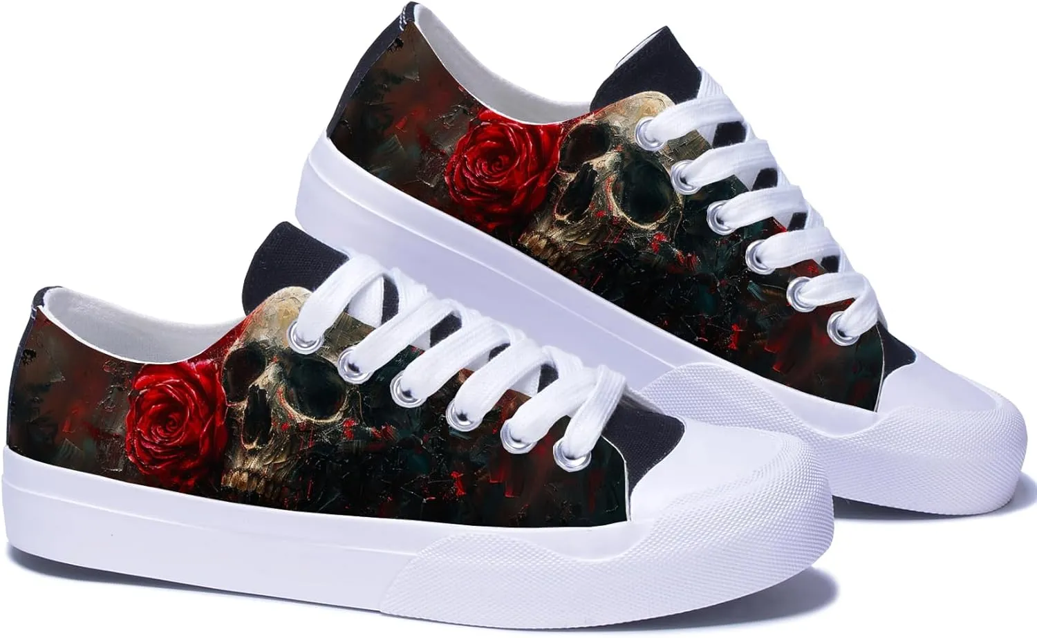 Men Skull Printed Shoes Custom Personalized Design Cool Print Low Top Fashion Sneakers for Teen Boys Girls Student Women Canvas Shoes Cosplay Classic Casual Shoes