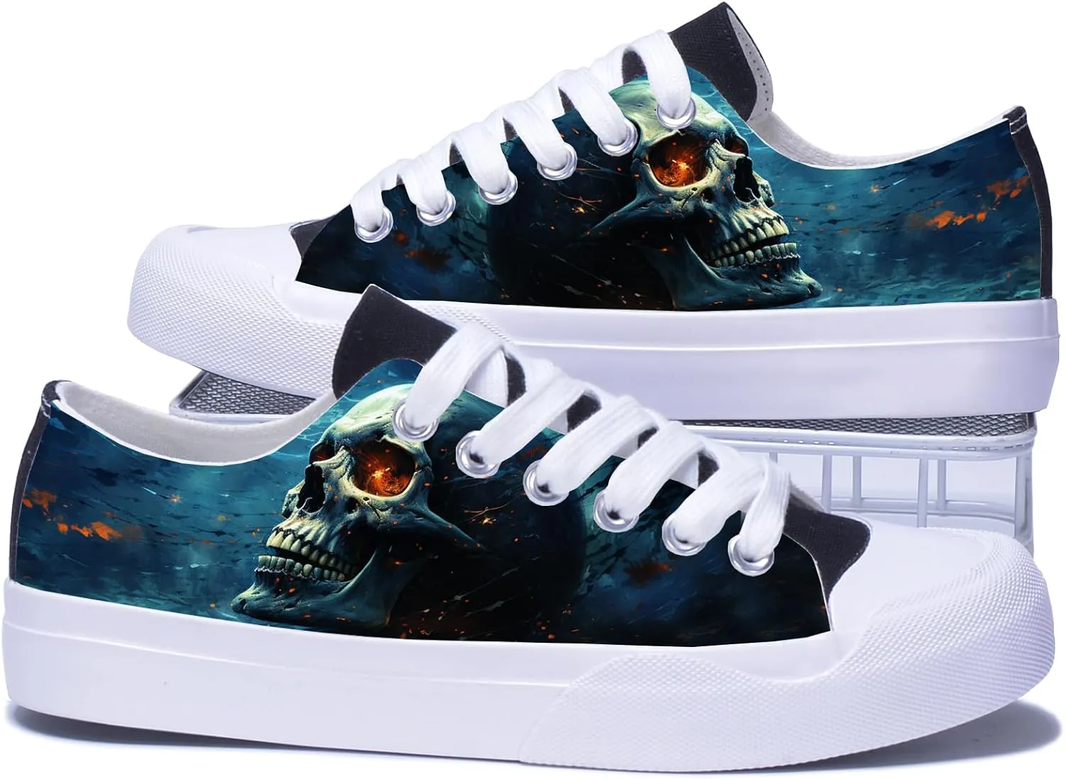Men Skull Printed Shoes Custom Personalized Design Cool Print Low Top Fashion Sneakers for Teen Boys Girls Student Women Canvas Shoes Cosplay Classic Casual Shoes