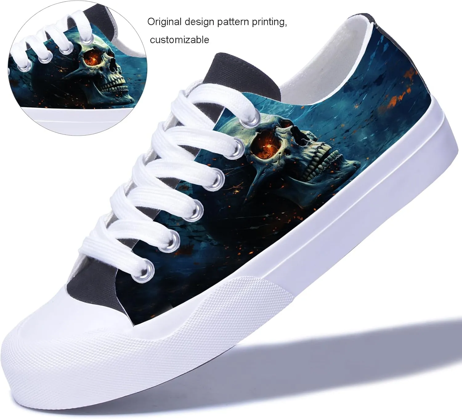Men Skull Printed Shoes Custom Personalized Design Cool Print Low Top Fashion Sneakers for Teen Boys Girls Student Women Canvas Shoes Cosplay Classic Casual Shoes