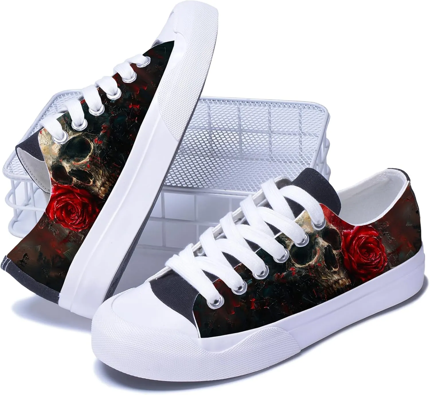 Men Skull Printed Shoes Custom Personalized Design Cool Print Low Top Fashion Sneakers for Teen Boys Girls Student Women Canvas Shoes Cosplay Classic Casual Shoes