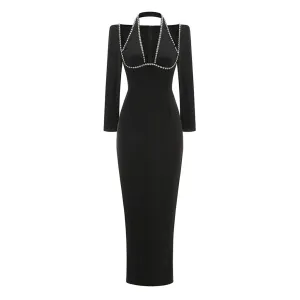 Opulent Crystal Plunge Halter Long Sleeve Bodycon Maxi Evening Dress