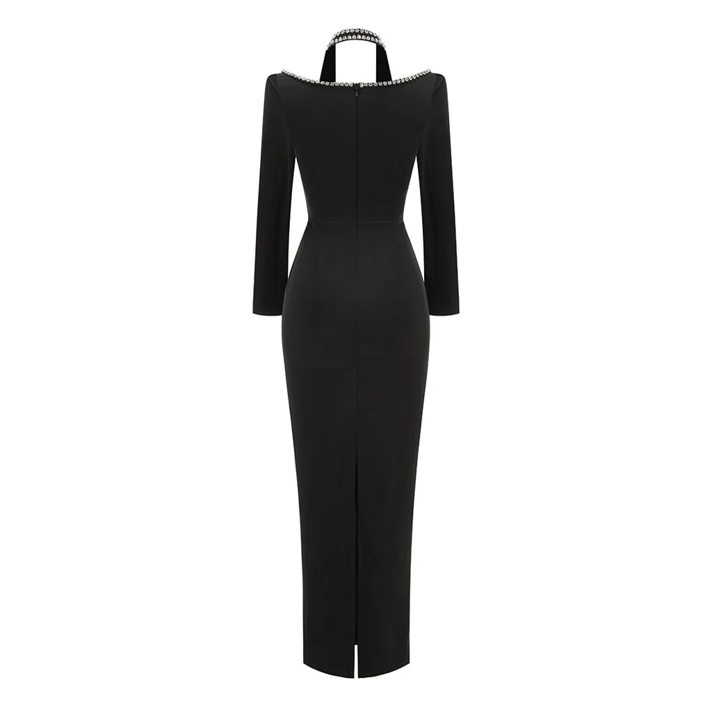 Opulent Crystal Plunge Halter Long Sleeve Bodycon Maxi Evening Dress