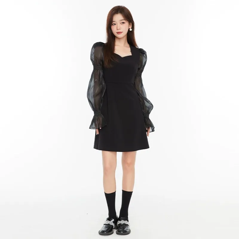 Puff Sleeve Sheer Panel Mini Dress
