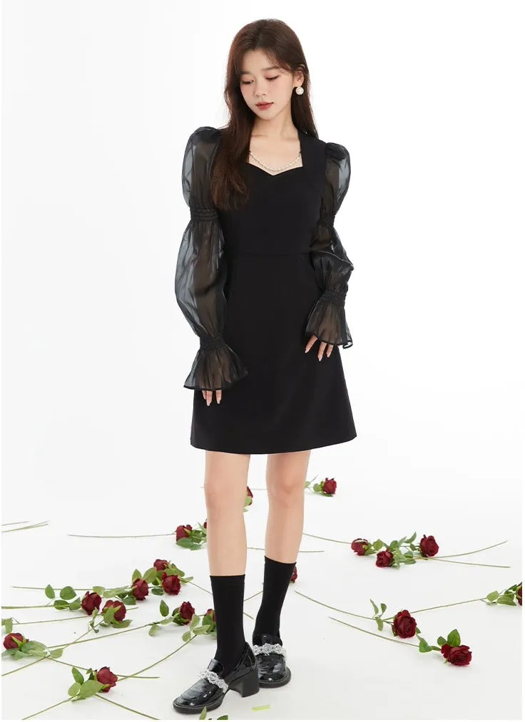 Puff Sleeve Sheer Panel Mini Dress