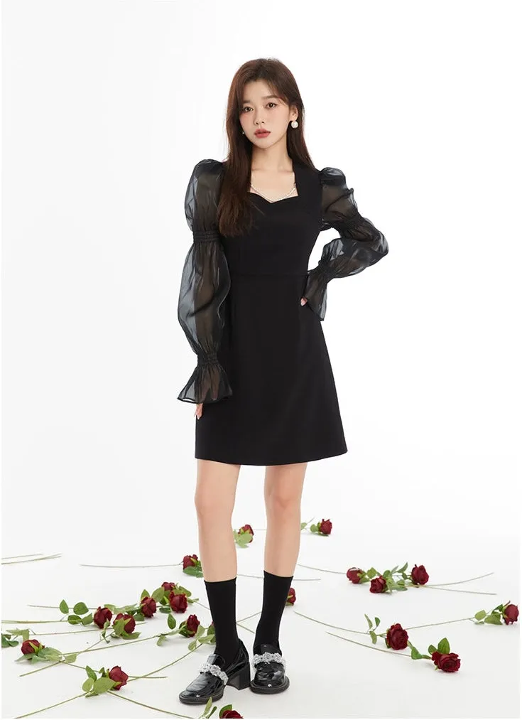 Puff Sleeve Sheer Panel Mini Dress