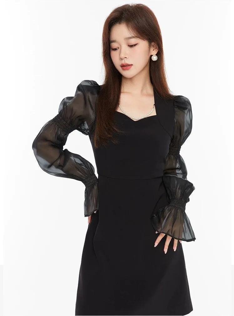 Puff Sleeve Sheer Panel Mini Dress