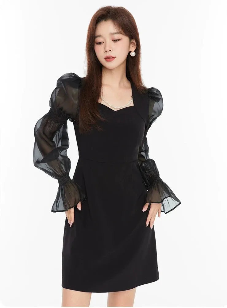 Puff Sleeve Sheer Panel Mini Dress