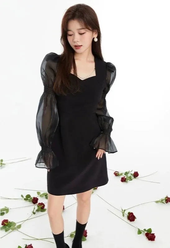 Puff Sleeve Sheer Panel Mini Dress