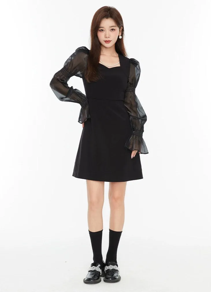 Puff Sleeve Sheer Panel Mini Dress