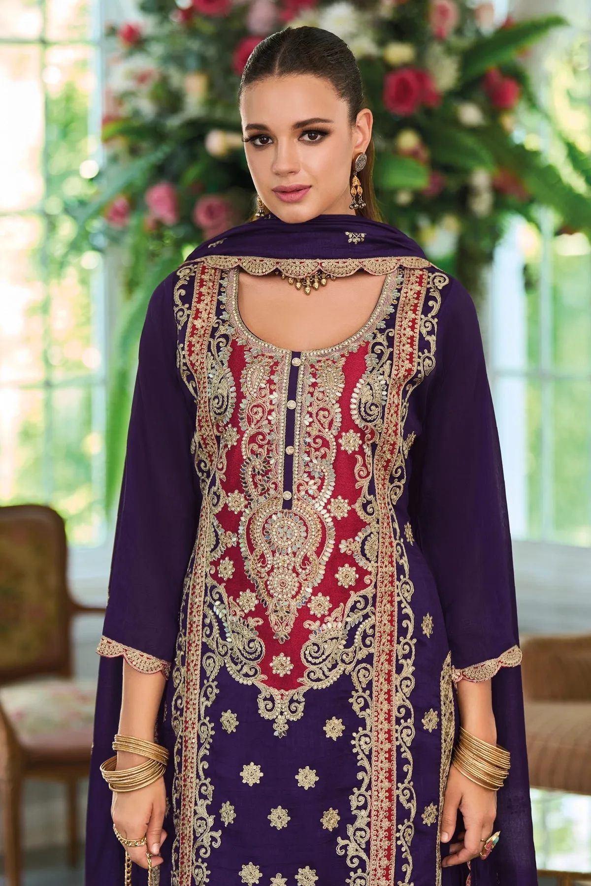 Purple Silk Embroidered Kurta Palazzo Suit