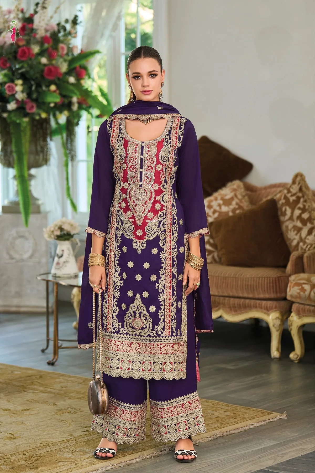 Purple Silk Embroidered Kurta Palazzo Suit