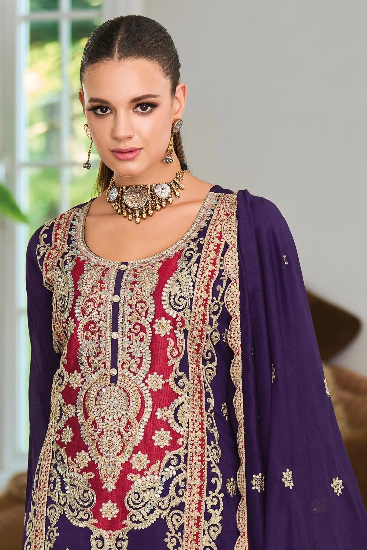 Purple Silk Embroidered Kurta Palazzo Suit